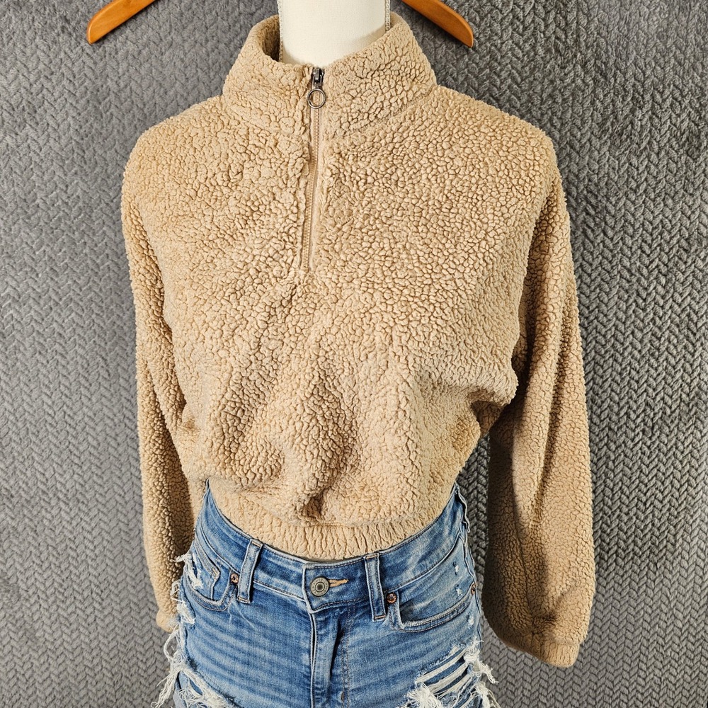 So Womens Tan Sherpa Quarter Zip Faux Fur Pullover Cropped‎ Sweatshirt XS
